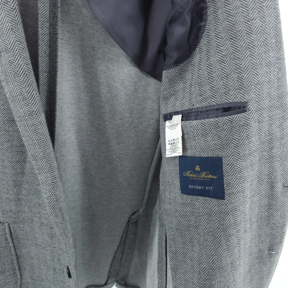 Brooks Brothers Mens Blazer Wool Cotton Herringbone Grey 46R Regent Fit Emmetex